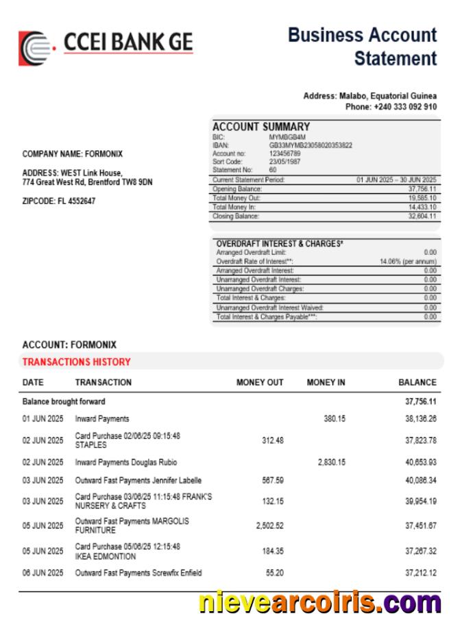 CCEI Bank business company account statement